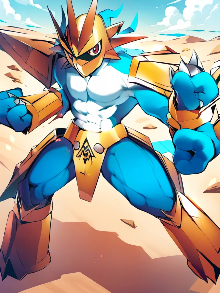 solo,Magnamon,tall, blue and white skin,(battle damaged:1.5),(topless Magnamon:2.5),(armor fragments:1.5),(shirtless:1.5), fighting_stance, in desert ,full_shot