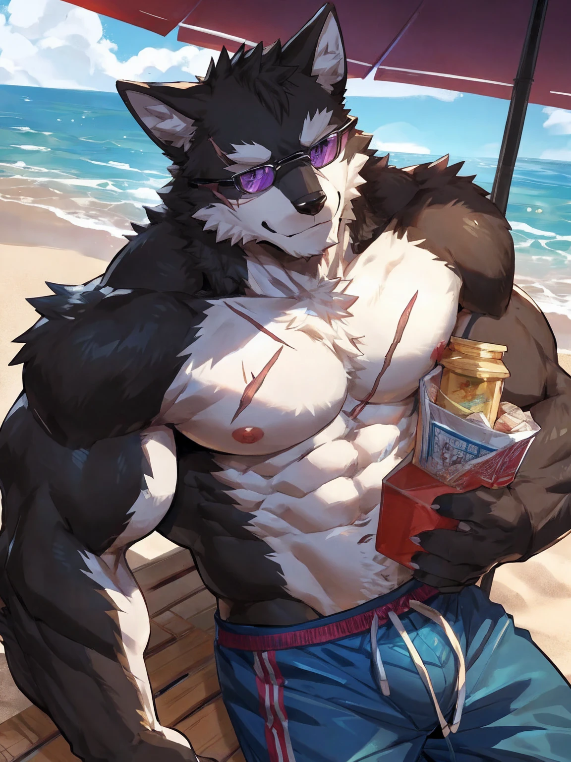 embedding:black wolf, male,purple eyes,Scar on the face, scar on the body,Single Person,sunglasses,Black fur.A swimsuit,Beach Pants，Mature, The highest quality of scene detail,adult,Tall and powerful,muscle，Best quality hands, best quality eye，detailed fur，Delicate eyes.Extreme picture quality，by sollyz,by zixiong,by milkytiger1145