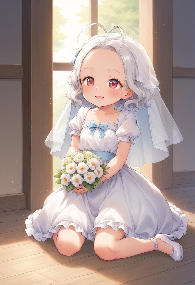 score_9, score_7_up, score_6_up, 1girl, source_cartoon, source_anime,breathtalking Scenery,watercolor,smooth soft skin, natural skin, 
BREAK 
(loli:1.5),(little female child:1.5),(forehead:1.2), excessive detailed forehead,6 yo, kawaii, baby face,(short white curly hair:1.1), (white hair:1.2), (chestnut mouth:1.2),antenna hair, red eyes,ultra cute face,(blush:1.1),1girl,embarrassed,
BREAK
brocade pattern short sleeve wedding dress, white gloves, frill, (short sleeve wedding dress:1.4), high heel,silk veil,full-face blush,littlesmile,looking up,white flower bouquet,
BREAK
(indoors:1.3),In a secluded setting, surrounded by a dense castle hall, the bog lay hidden like a secret gem, its misty surface whispering tales of ancient times,full body,dynamicangle,dynamicpose,