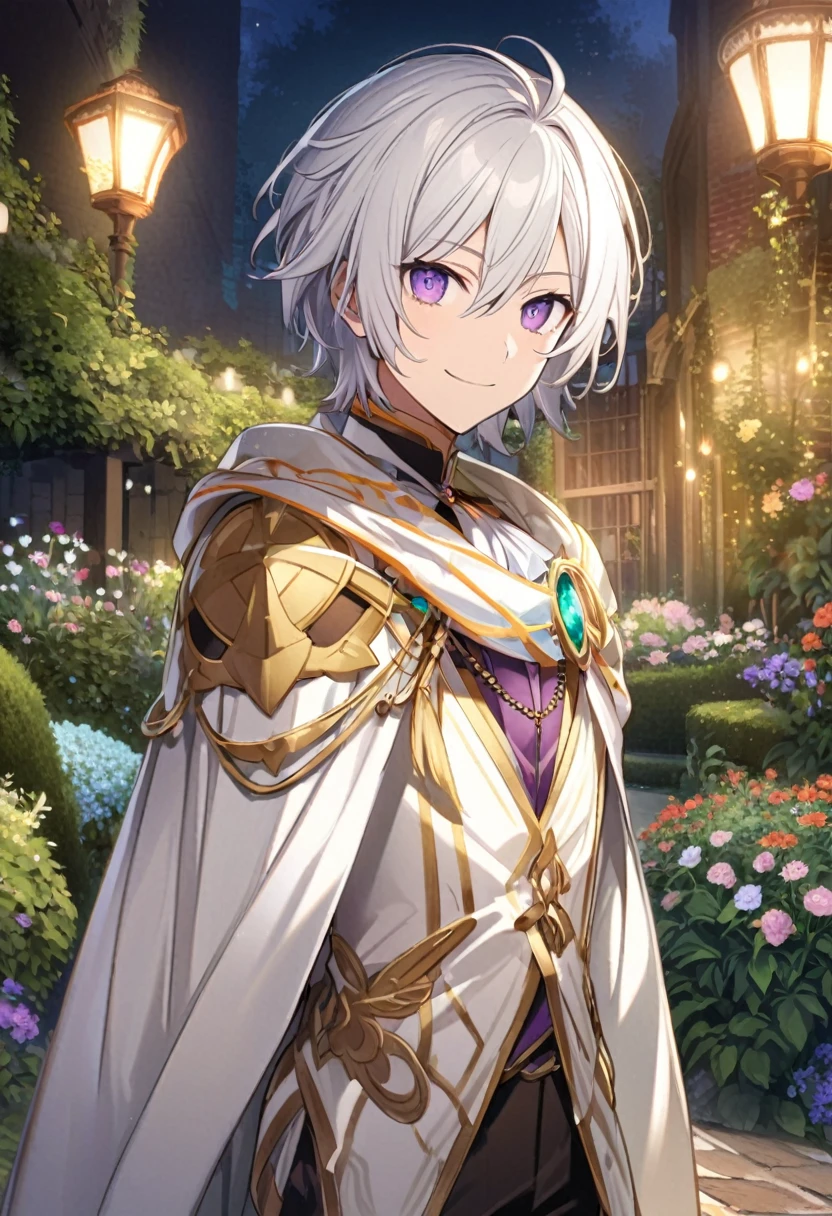 Aether \(AKB0048 Next Stage\), (short hair), (silvery white hair), (bejeweled eyes), (purple eyes):1.2, noble costume, smiling gently, cape, ((ultra-detailed)), ((illustration)), (neat hair)), (beautiful detailed eyes), (male), 1boy, ((garden, night)), looking at viewer