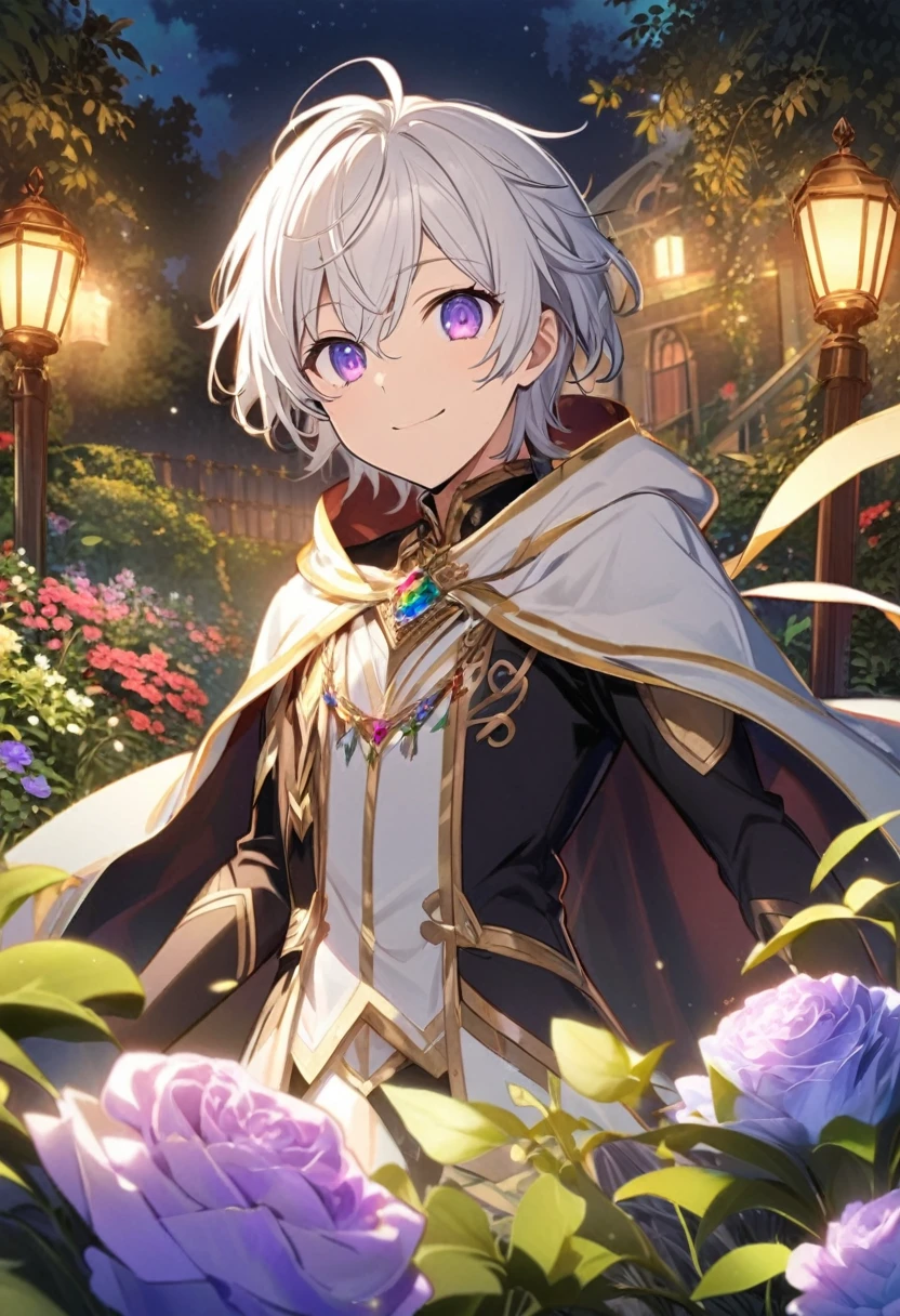 Aether \(AKB0048 Next Stage\), (short hair), (silvery white hair), (bejeweled eyes), (purple eyes):1.2, noble costume, smiling gently, cape, ((ultra-detailed)), ((illustration)), (neat hair)), (beautiful detailed eyes), (male), 1boy, ((garden, night)), looking at viewer