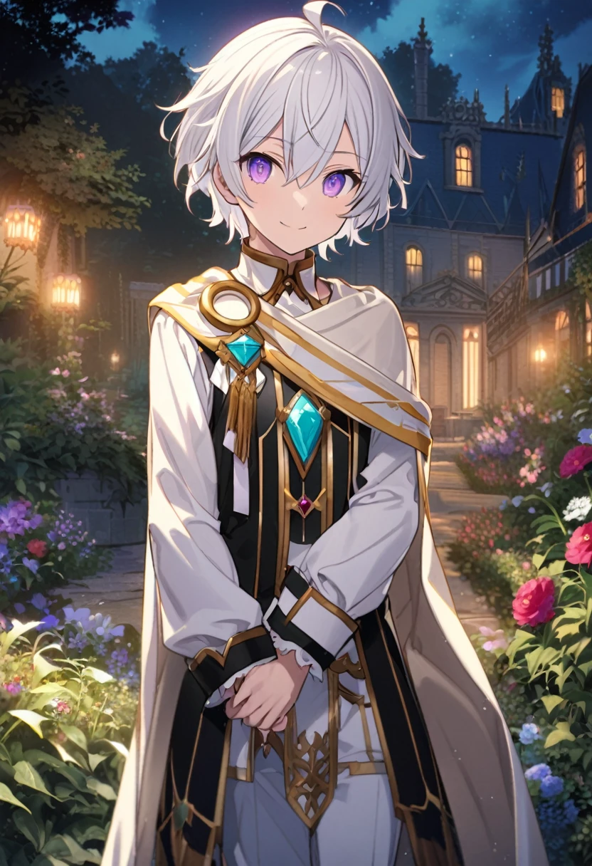 Aether \(AKB0048 Next Stage\), (short hair), (silvery white hair), (bejeweled eyes), (purple eyes):1.2, noble costume, smiling gently, cape, ((ultra-detailed)), ((illustration)), (neat hair)), (beautiful detailed eyes), (male), 1boy, ((garden, night)), looking at viewer
