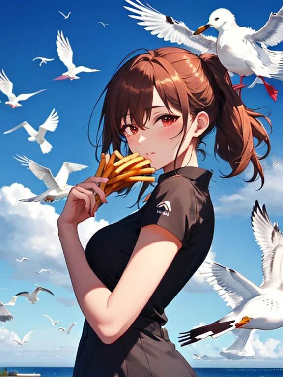Lots of seagulls、Seagulls and French fries, Seagull and Fries, (tibi Misaka Mikoto), UHD, retina, masterpiece, ccurate, anatomically correct, textured skin, super detail, high details, high quality, best quality, highres, 4K