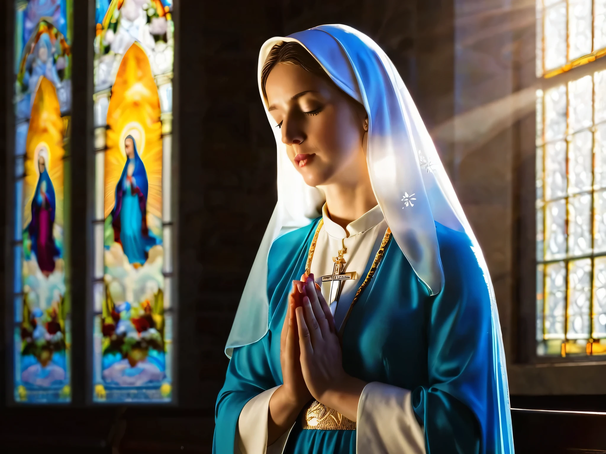 Virgin Mary in church,prayer,There is sunshine by the window