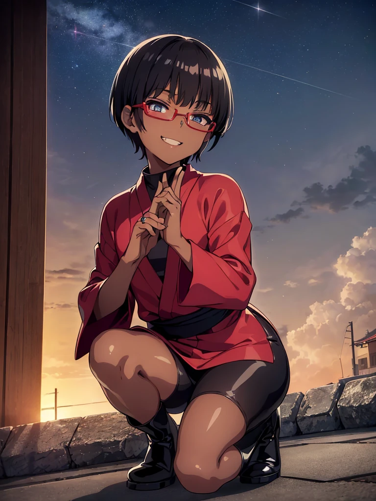(flat ?????:), (masterpiece:1.2), highest quality, High resolution, unity 8k wallpaper, (fine and beautiful eyes:1.6), highly detailed face, perfect lighting, Detailed CG, (perfect hands, perfect ???????), (1 boy solo:1.4), 20 years old, black hair, extremely beautiful detailfeminine face and eyes, (evil smile:1.4), detailed eyes, best quality,( dark skin:1.8), (turtleneck shirt under yukata:1.2), (bike shorts:1.2), extremely detailed, very precise detailed, (glasses:1.3), blunt bangs, open mouth, (very short pixie cut:1.2), boots,fingerless gloves, smile, half closed eyes, ,(on kawara roof),night sky, ,long sidelocks,(long red Scarf),(yukata),(squatting), ears,(acrobat pose:1.3),(squat:1.3),leaning forward,(one knee dwon:1.5),(Put one foot in front:1.3),(stylish pose:1.4),(Raise middle fingers:1.5),(Joining hands in prayer:1.5)