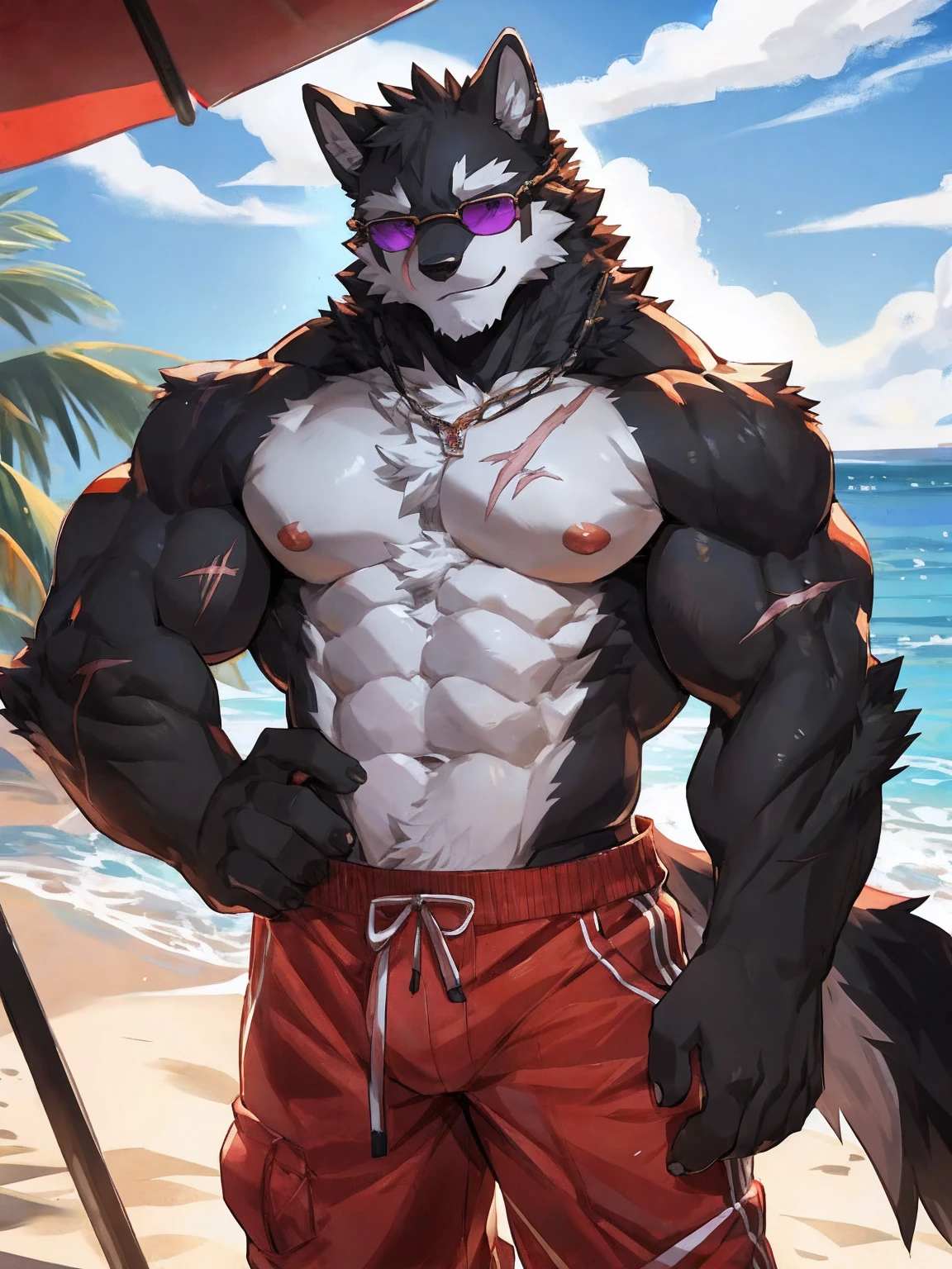 embedding:black wolf, male,purple eyes,Scar on the face, scar on the body,Single Person,sunglasses,Black fur.A swimsuit,Beach Pants，Mature, The highest quality of scene detail,adult,Tall and powerful,muscle，Best quality hands, best quality eye，detailed fur，Delicate eyes.Extreme picture quality，by sollyz,by zixiong,by milkytiger1145