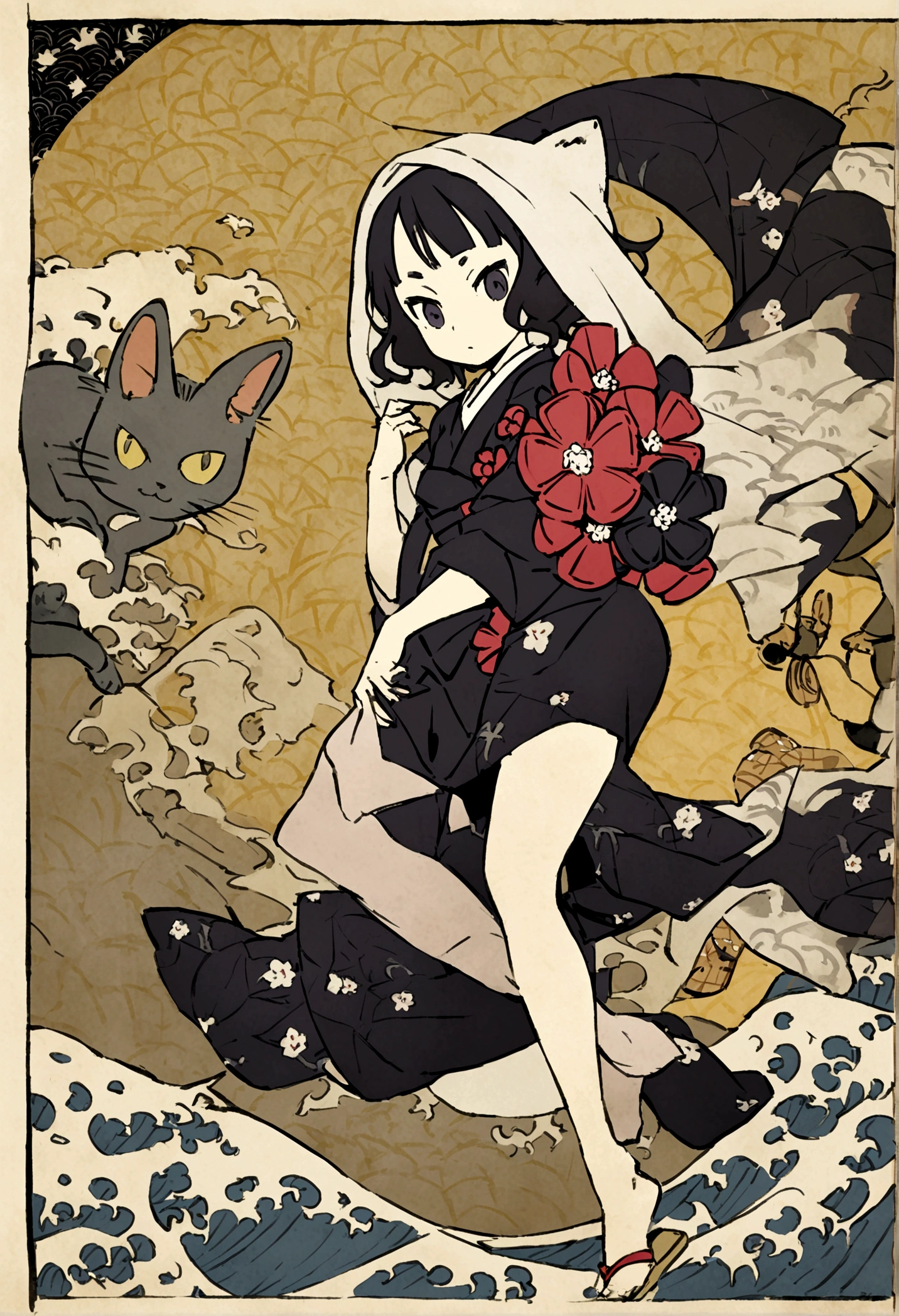 Anthropomorphic cat, dancing with towel over its head, Japanese and cat screens in background, Katsushika Hokusai, Utagawa Kuniyoshi, delicate and detailed, Ukiyoe style, girl