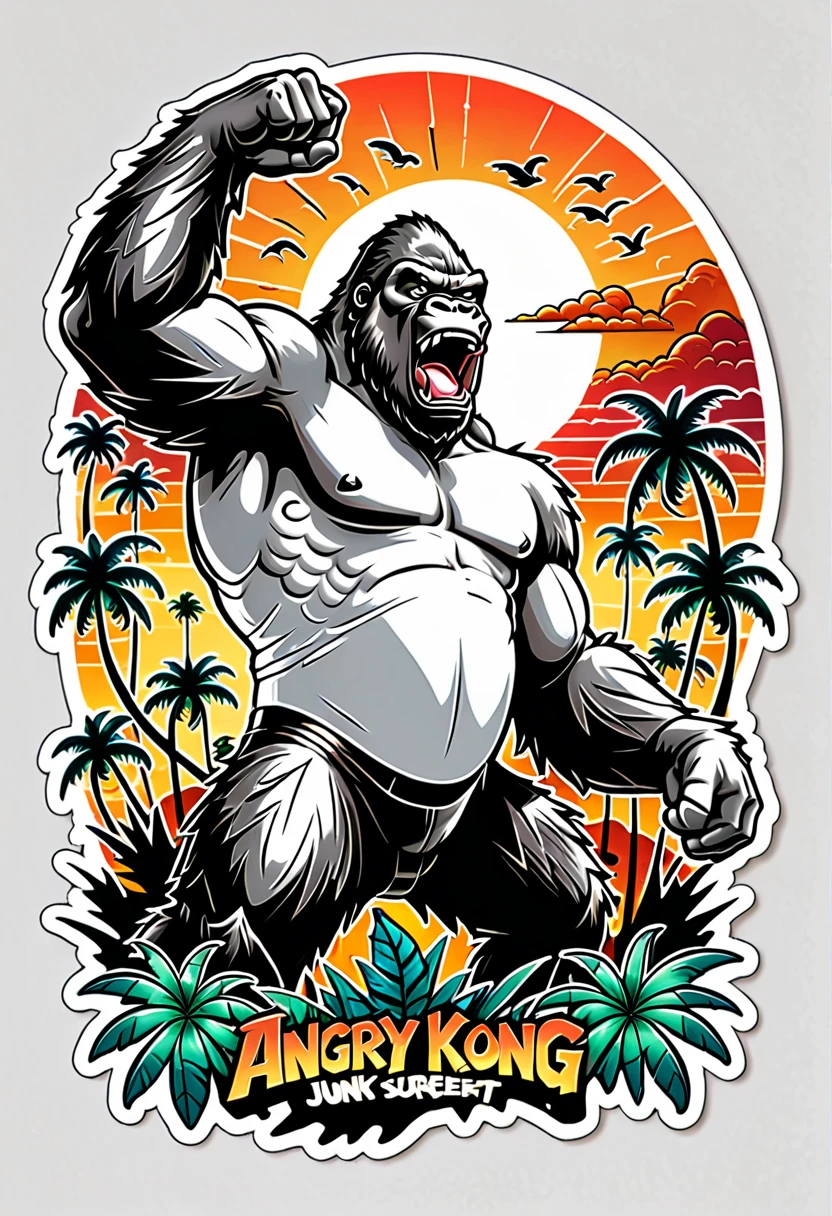 (((a sticker))), (((white background))),splash art, intricately detailed t-shirt design ready for print , 2d, ONE angry wild shouting furious  HUGE KING KONG in foreground, Jungle sunset at the background, vibe detailed design for streetwear and urban style t-shirts design, pro vector, (cel-shading style:1.3), inkpunk, (ink lines:1.1), strong outlines, bold traces, high contrast, (cel-shaded:1.1), vector, 32k resolution, best quality, flat lights,vector t-shirt art ready for print, intricate rich extremely complex ornaments illustration, extremely detailed and complex illustration, high detail, clean lines style, intricate high details, (((white plain background)))