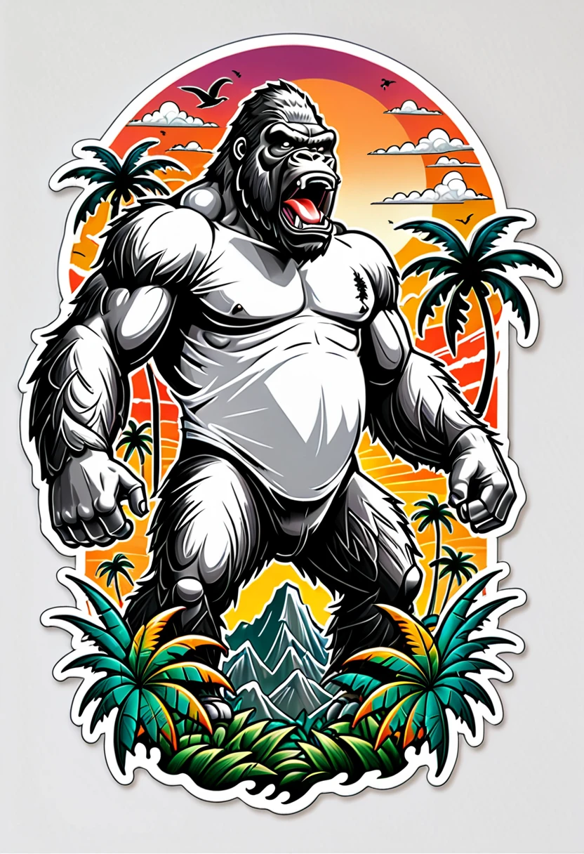 (((a sticker))), (((white background))),splash art, intricately detailed t-shirt design ready for print , 2d, ONE angry wild shouting furious  HUGE KING KONG in foreground, Jungle sunset at the background, vibe detailed design for streetwear and urban style t-shirts design, pro vector, (cel-shading style:1.3), inkpunk, (ink lines:1.1), strong outlines, bold traces, high contrast, (cel-shaded:1.1), vector, 32k resolution, best quality, flat lights,vector t-shirt art ready for print, intricate rich extremely complex ornaments illustration, extremely detailed and complex illustration, high detail, clean lines style, intricate high details, (((white plain background)))