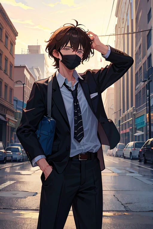 Messy Brown Haired Guy In His Black Mask And School Clothes