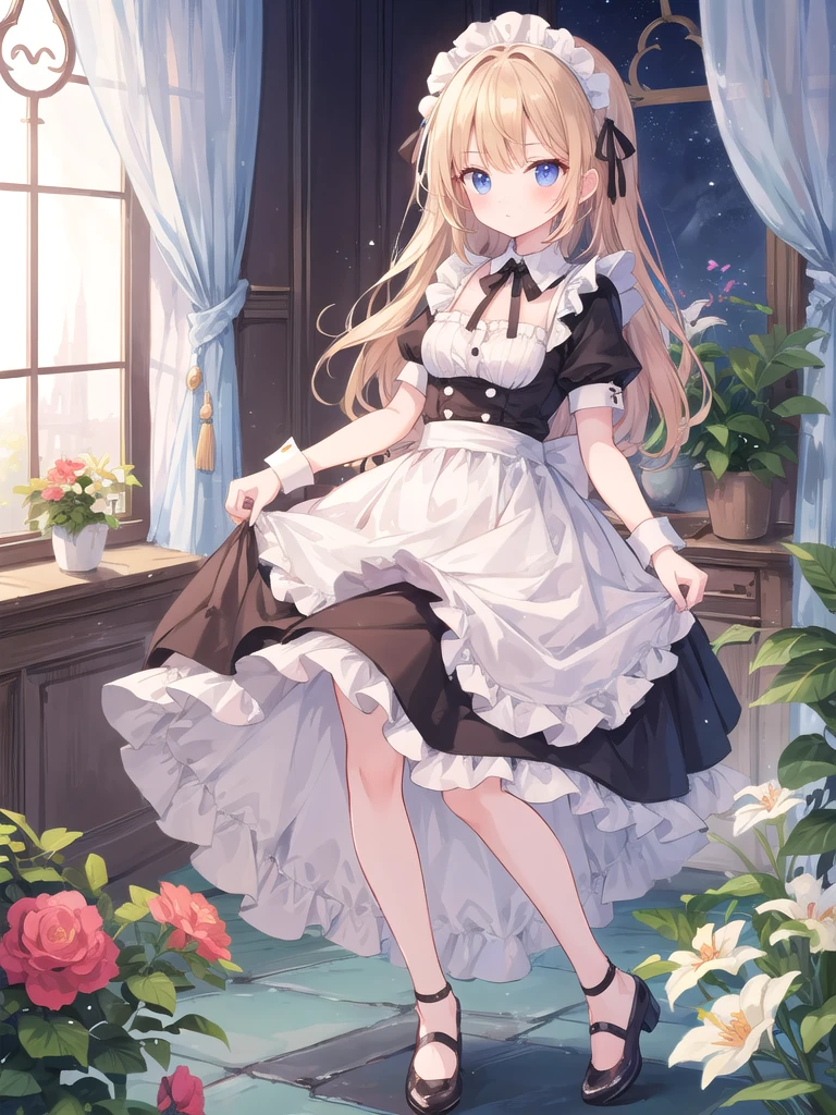 Girl in maid's outfit, fairy tale room. High quality, masterpiece,panty