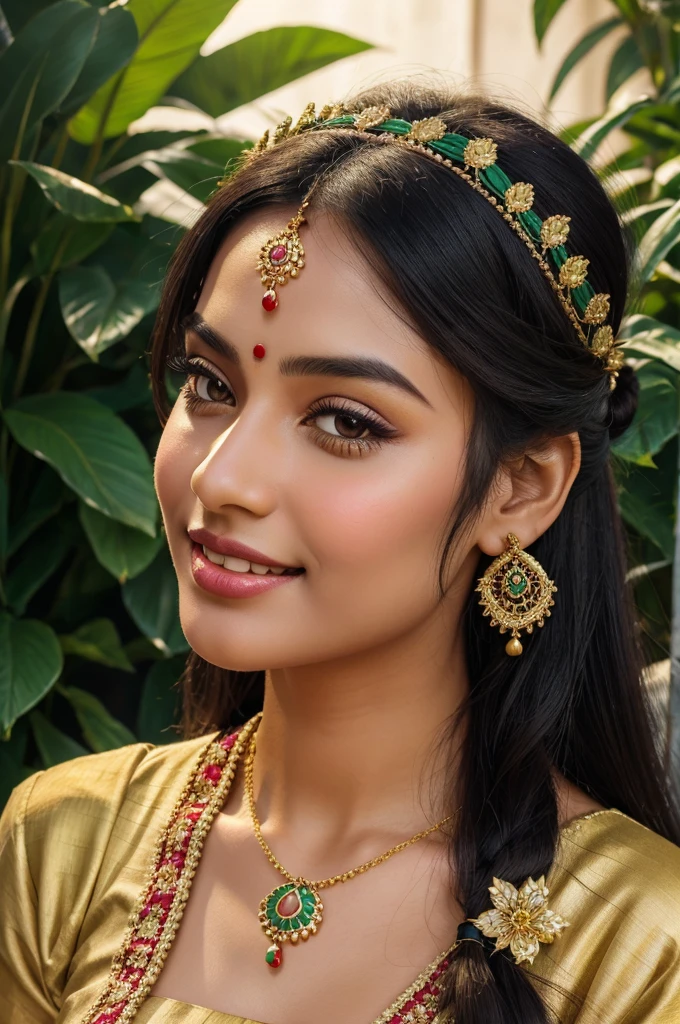 (high quality,realistic),girl with traditional outfit and jewelry,beautiful detailed eyes and lips,bright smile,long black hair,gorgeous features,tidy hair bun,rosy cheeks,bangladeshi flag pattern on the outfit,detailed patterns and embroidery on the dress,ethnic accessories,flower crown,ornate earrings and necklace,green background,dreamy lighting,vivid colors,portrait style,photorealistic rendering, wearing a golden saree 