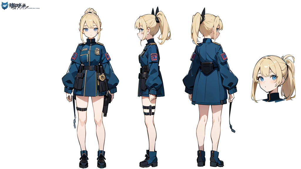 (masterpiece, best quality) police girl ,blonde hair ponytail,blue eye,((character design sheet, same character, full body, 3views, front, side, back))