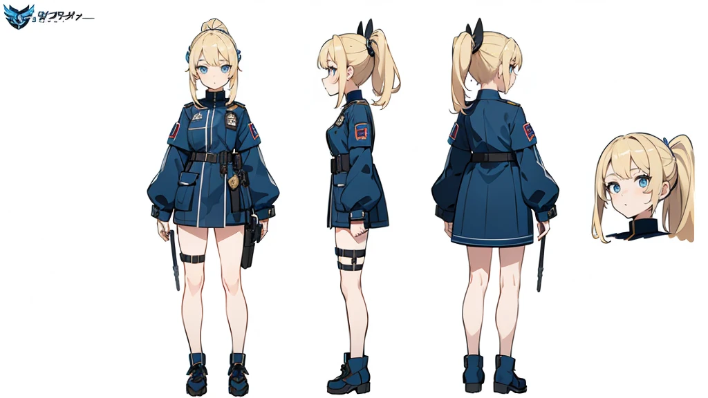 (masterpiece, best quality) police girl ,blonde hair ponytail,blue eye,((character design sheet, same character, full body, 3views, front, side, back))