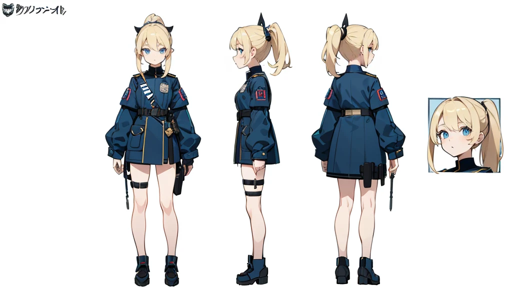 (masterpiece, best quality) police girl ,blonde hair ponytail,blue eye,((character design sheet, same character, full body, 3views, front, side, back))