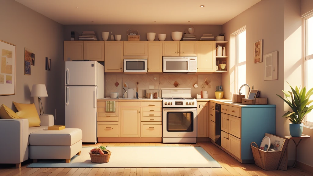 A small, neatly organized apartment with beige walls. The scene should include a single slice of toast on a plate, buttered to an exact specification. Nearby, a beige refrigerator hums softly. There should be stacks of perfectly filed invoices and a limp salad chopped into uniform squares, symbolizing the precise and mundane routine of Reginald’s life.