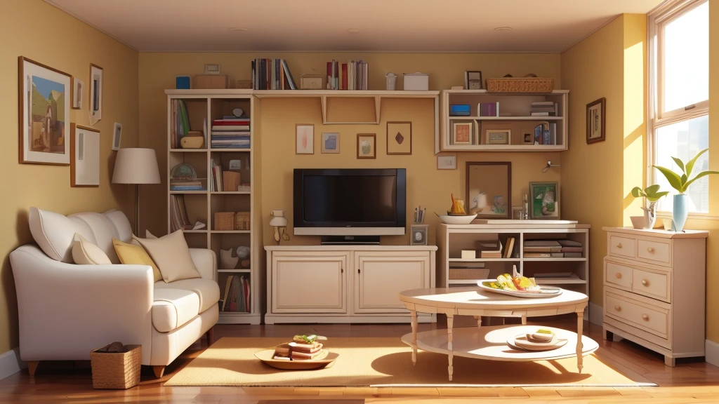 A small, neatly organized apartment with beige walls. The scene should include a single slice of toast on a plate, buttered to an exact specification. Nearby, a beige refrigerator hums softly. There should be stacks of perfectly filed invoices and a limp salad chopped into uniform squares, symbolizing the precise and mundane routine of Reginald’s life.