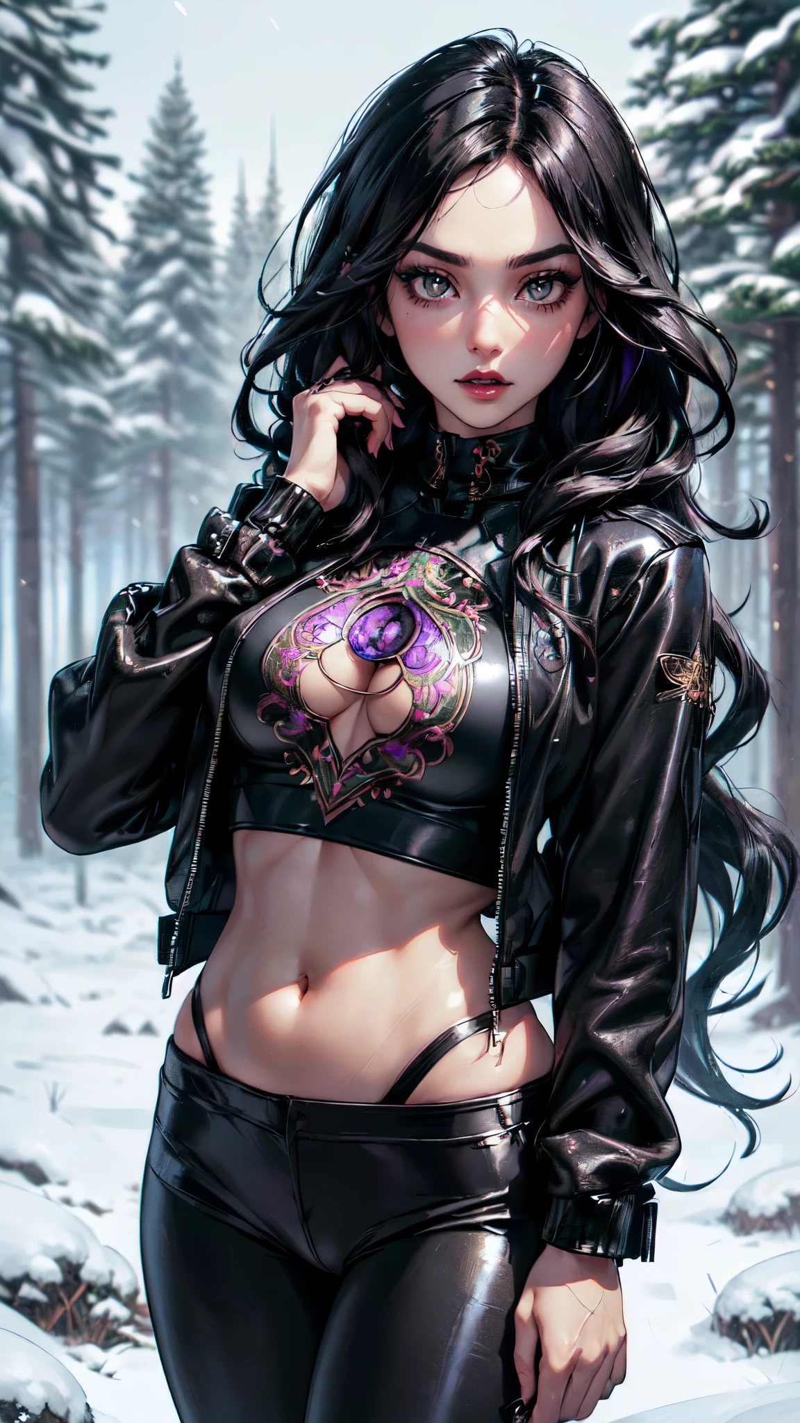 goth girl,1girl,((extremely cute and beautiful black haired anime goth girl)),((())),(large breasts:1.2)ack wavy hair:1.35,absurdly long unkempt hair,messy hair,colored inner hair,ear breathing)))),((heterochromia:1.5, (purple_eye and red_eye))),intricate eyes,beautiful detailed eyes,symmetrical eyes,Big eyes:1.5,((fat)),(((lustrous skin:1.5,bt skin: 1.5,skin tanned,shiny skin,very shiny skin,shiny body,plastic glitter skin,exaggerated shiny skin,illuminated skin))),(spider lower abdomen,narrow waist,wide hip,athletic body,inflated legs,thick thighs,detailed body,(detailed face)), cute,slutty,seductive,erotic,(nsfw), zettai r,revealing clothing,show skin,((printed T-shirt:1.3),(navel))),((black leather crop jacket:1.3)),(((black pants:1.5,black thong,visible thong straps)))),(((Black Eyeshadow,Thick Black Eyeliner,Long Dramatic Eyelashes,Black Lips,Goth Accessories,intricate makeup))),(((intricate outfit,intricate clothes,embroidered outfit,ornate outfit,embroidered clothes,ornate clothes))), (dynamic pose:1.0),embarrassed,(centered,scale to fit dimensions,Rule of thirds), ((snowy pine forest)),winter,scenery:1.25,((intricate scenery)),((snow forest background)),Christmas tree, (Glossy winter ornaments),highres,sharp focus,(ultra detailed,extremely detailed),(photorealistic artwork:1.37),(extremely detailed CG unity 8k wallpaper),(((vibrant colors,vibrant theme))),(intricate),(masterpiece),(best quality),detailed face, detailed eyes, detailed hands