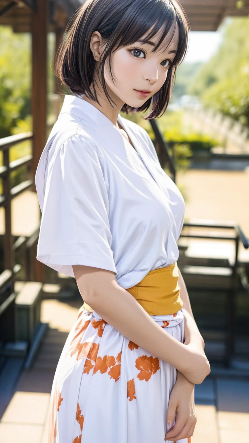 8K quality、High resolution、Realistic skin texture、High resolutionの瞳、woman、Japan summer yukata、Princess Hair、thin、リアルなwoman器、White thighs、Small breasts、Small breastsの谷間、Brown Hair、thin脚、Sweat、Shooting from the side、Bright sunshine