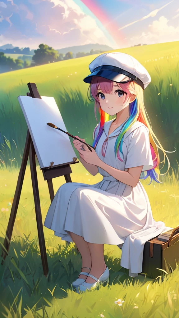 1 Female, Beautiful, Humble, Kind, long hair upper waist Stright, black pupil eyes colour, Multi-Colours rainbows Hairs, wear white plain colours Newsboy Cap, White Drees flowing with skirt, holding brush sit on grass front blank stand canvas, Open grassland background in the morning.