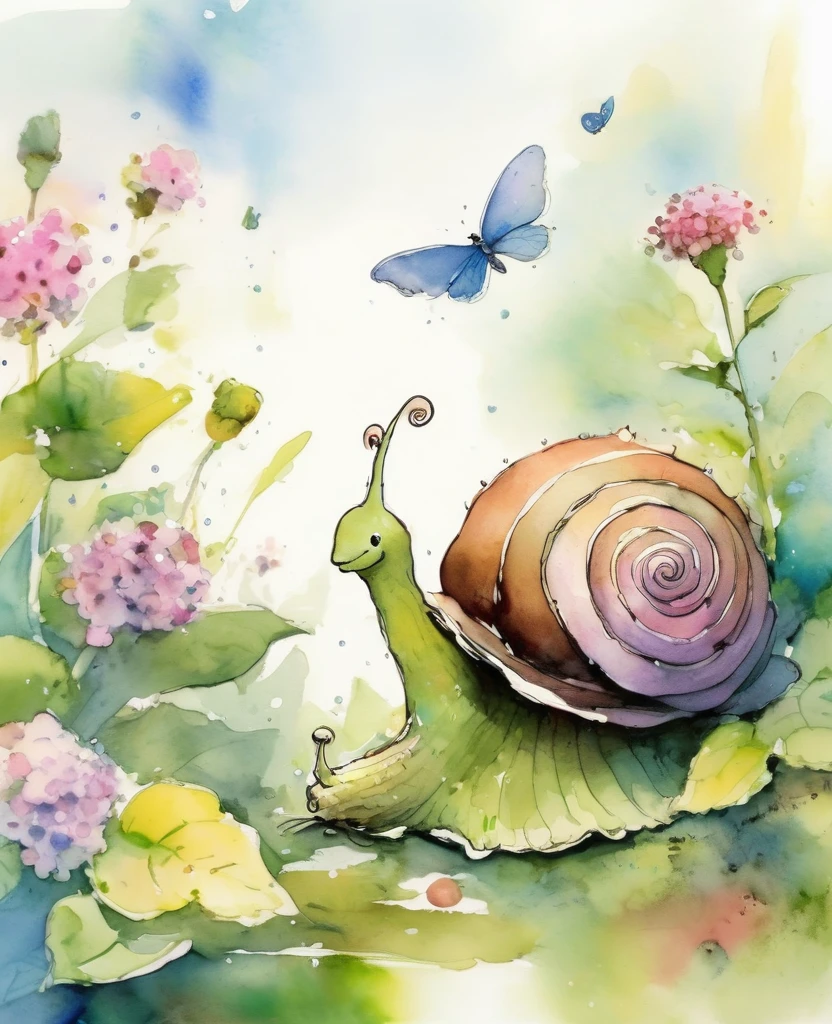 Quentin Blake style photo 、Hydrangea and snail、Overslept、High resolution、Highest quality、masterpiece、Very detailed