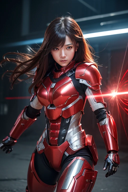 High resolution、8k、Digital Cyberpunk Art、Brown medium-long hair、Shiny Mechanical Armor、(Wears red and silver mechanical armor with white LED lights)、Armor with a Sagittarius motif、Laser beams on both arms、(Enter the battlefield)、Cyborg Japanese Woman、Medium chest、(fighting stance)