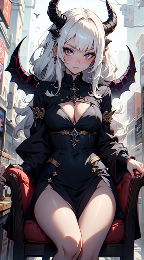 anime - style illustration of a woman with horns sitting in a chair, white horns queen demon, demon anime girl, artgerm and rossdraws, ahegao, trending on artstation pixiv, beautiful succubus, :: rossdraws, 1 7 - year - old anime goth girl, monstergirl, nightcore, ross tran style, anime monster girl, fashionable dark witch