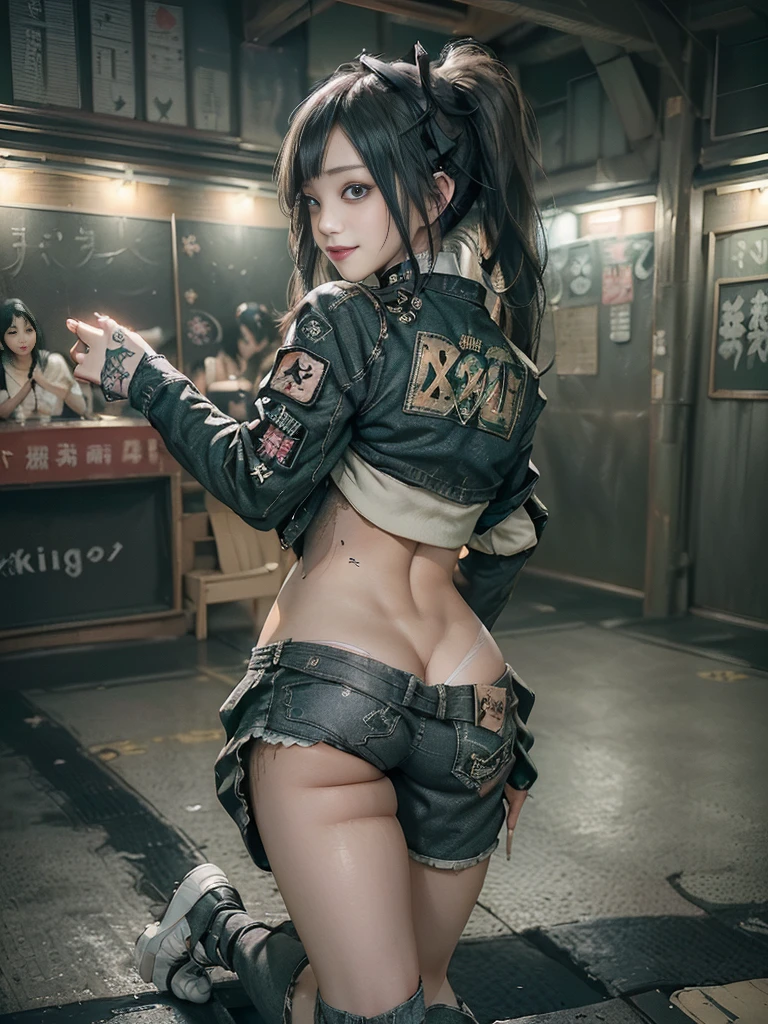 (Full Body View:1.3)、(Back view:1.4)、(Hostess:1.3)、(Smiling with teeth showing:1.3),(Shibuya Gal:1.5)、(y2k woman:1.4)、(ta Fashion:1.5)、(Punk RockVisual Kei:1.4)、(A modern short jacket in dark grey and moss green.:1.5)、(Tattered brown and charcoal denim low rise cargo pants:1.5)、(Mustard Yellow Headband:1.3)、(Charcoal and khaki striped knee socks:1.4)、collar、(Brown platform long boots)、(Clothing with logo pattern:1.4)、20-year-old、(Doing an aerobics pose:1.3)、NSFW,((Highest quality、In 8K、masterpiece:1.3))、Sharp focus:1.2、(Layered Cut、Huge boobs:1.1),Beautiful woman with perfect figure:1.4、(Dancing vigorously:1.3)、(Open legs:1.3)、(Raise your arms:1.2)、(Open your crotch:1.3)、Slender Abs:1.2、Butt、Highly detailed face and skin texture、Detailed eyes、double eyelid,(Twin tails:1.3)、(Cream colored hair:1.3)、Dynamic Pose、Obscene pose、Humiliating pose、Gravure idol、(Luxurious amusement park at night:1.3)、(Make your legs thinner:1.4)、(Slim body:1.3)、(clavicle:1.1)