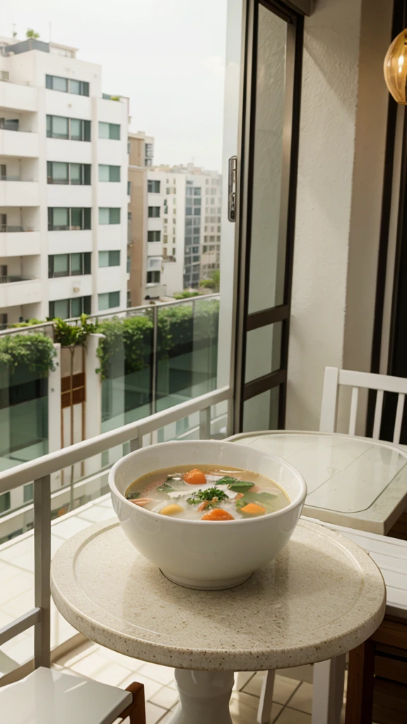 a white bowl of soup kept in a balcony on a small table 