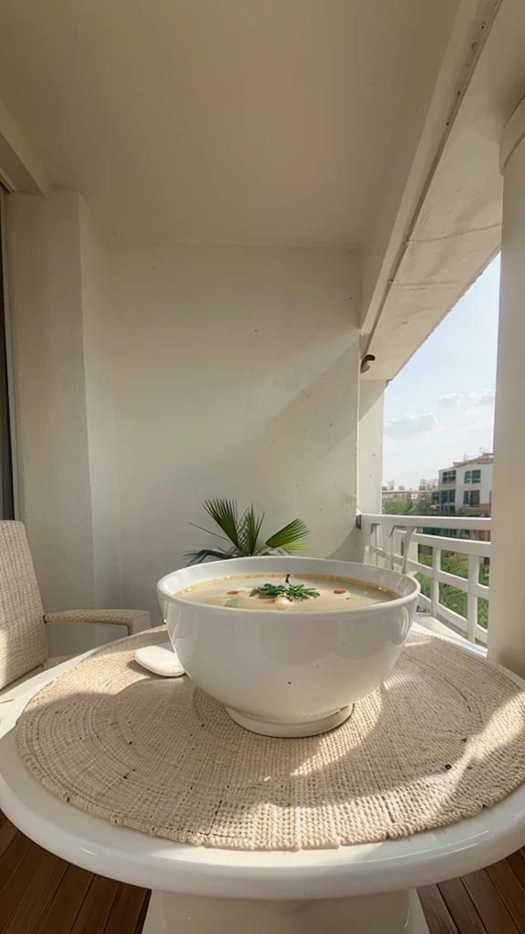 a white bowl of soup kept in a balcony on a small table