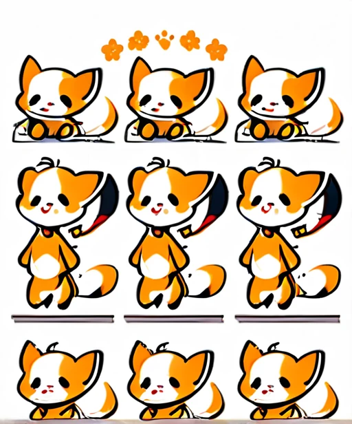 chibi animal, baby blown dog without clothes, multiple poses, multiple expressions like smile sad delighted, different angles, standing, one tail, simple illustration, white back ground, 12 divided characters, without text, blank space around image