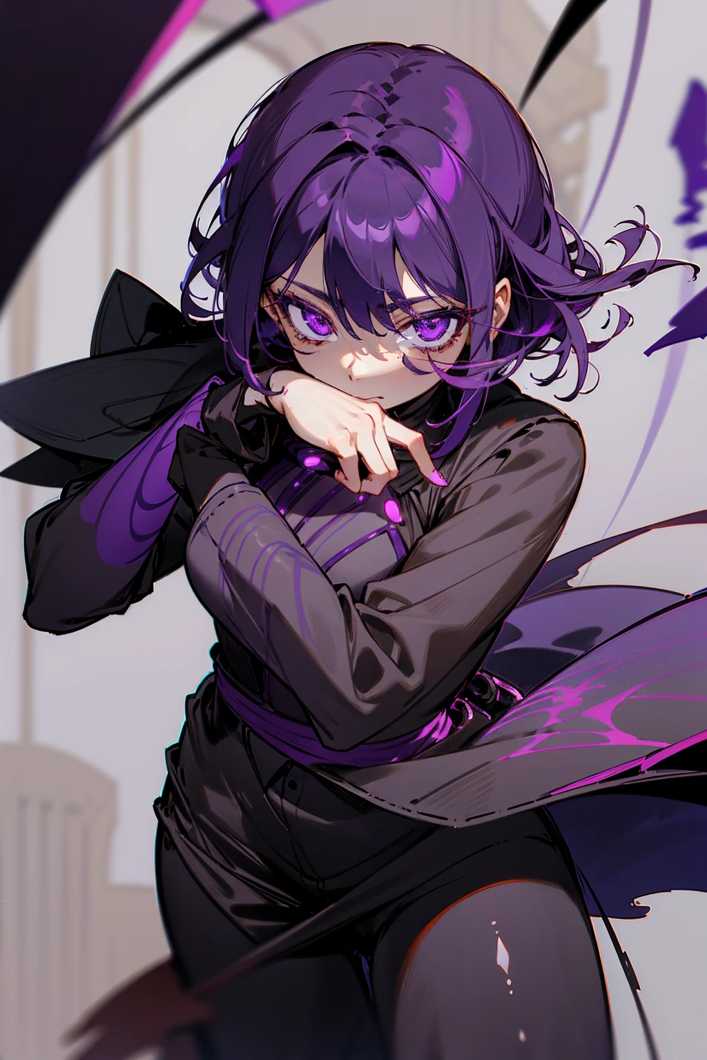 boy. thoughtful look. open forehead. black and purple hair tied in a bun on the left side to one side. sinuous black horns wrapped in dark purple ribbon. pale violet eyes. in short dark purple shorts. long white T-shirt. dark purple knee-high socks. dark_purple long coat with hood. древние dark_purple stone walls purple light from lamps on an old piano