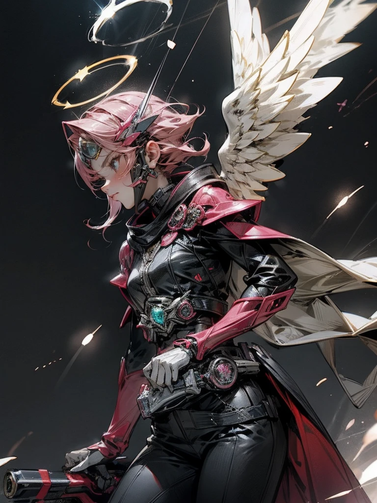 Kamen Rider,Angel, woman,heaven arena background,spark rider belt,halo,shining morter cycle riding