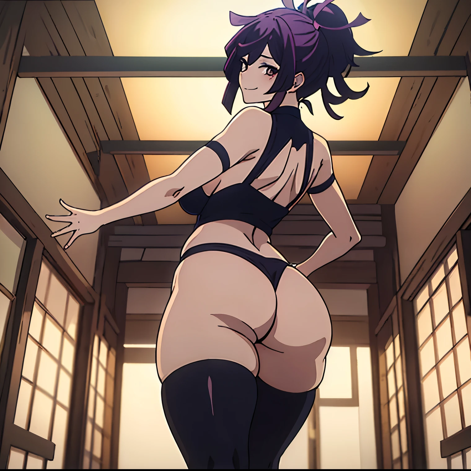 1 girl, alone, yuzuriha (jigokuraku), best quality, masterpiece, ultra detailed, sharp lighting, super detailed eyes, soft smooth skin, fair skin, Looking at viewer, (tilted: 1.2), purple hair, brown eyes, ((dark purple lingerie)),((black lace lingerie))((two-piece lingerie)), cleavage, black pantyhose, medium breasts, medium waist, wide hips, wide thighs, bun, medium hair, ((breasts separated)), seductive smile, (blush: 1.1), sexy body, dynamic posture, curvy body, Looking back, from behind, focus on ass, point of view (from below),((1girl )),(solo),standing, old Japanese farm, temple, Japanese interior, sengoku period, city (NSFW 1.5), good body physiognomy, perfect anatomy, 5 fingers in the palm, perfect hands