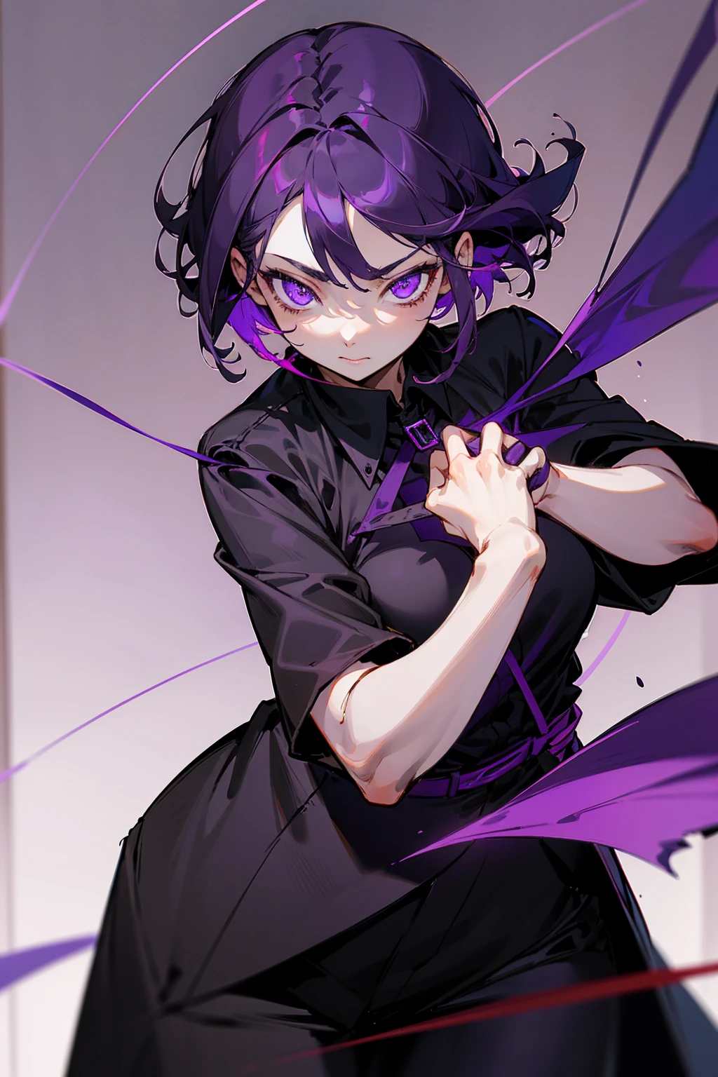 1female, dark purple hair, colored ringed purple eyes, glowing eyes, short hair, tied up hair, black shirt, purple overcoat ripped, black pants, city background, detailed background, hands to side, standing on path