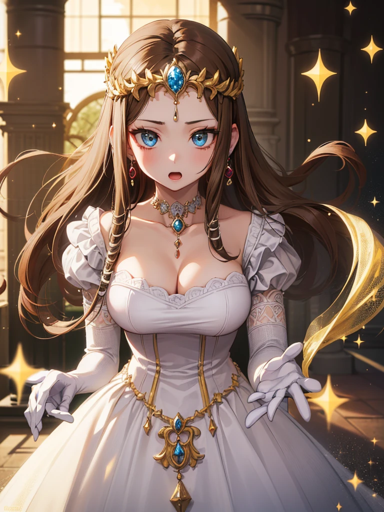 ((close up of face)),((Dark brown hair)),Anime art style,masterpiece,(Highest quality), ((Scared)),(Very detailed),(Very delicate and beautiful),(alone),,(Detailed face and eyes),Beautiful eyes like jewels,(A truly gorgeous jeweled ruffled rococo ball gown dress),(((Mature Woman,Queen)))),((crinoline)),Absolutely gorgeous highly detailed rococo ball gown dress with ruffled voluminous full length hoop skirt,((Long Straight Hair)),(),Cleavage,length_gloves,Very gorgeous hair accessory、,((Gorgeous Glitter Jewelry)),