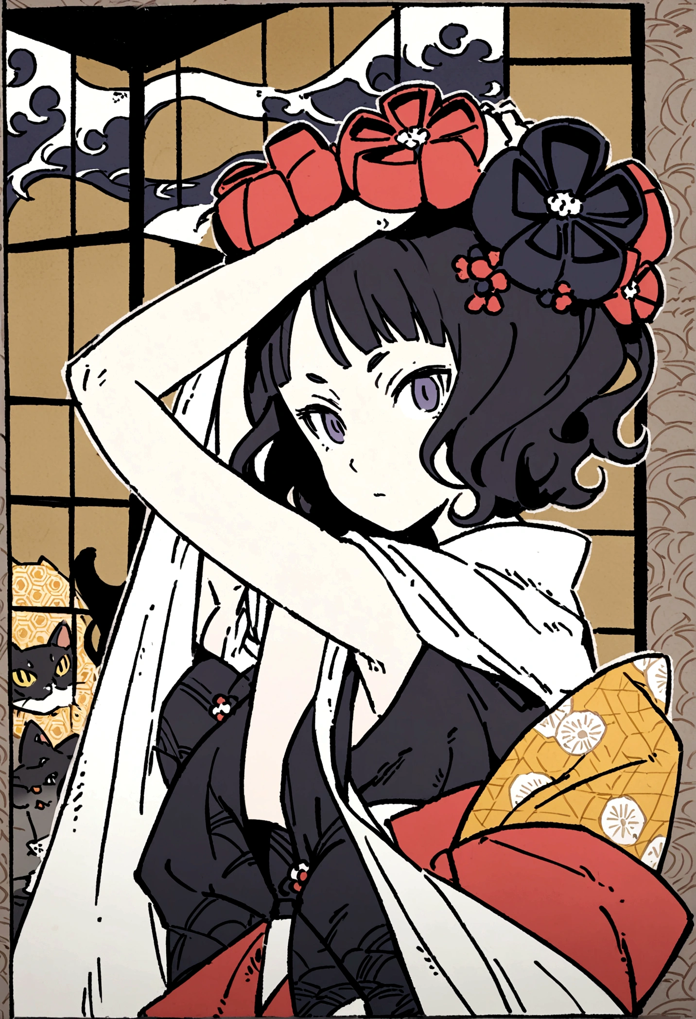 Anthropomorphic cat, dancing with towel over its head, Japanese and cat screens in background, Katsushika Hokusai, Utagawa Kuniyoshi, delicate and detailed, Ukiyoe style, girl