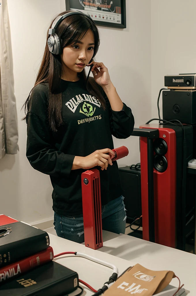 Seorang laki-laki berumur 30 tahun, bertopi, memakai kaos hijau, memakai headphone, berlatar belakang studio radio, realitis, warna cerah, wanita berumur 20 tahun, rambut panjang, memakai kaos merah, memakai headphone, warna cerah, realistis, berangkulan