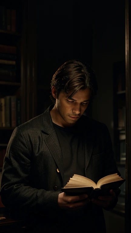 a man in the back, half body, looking at a book, intricate details, highly realistic, photorealistic, 8k, masterpiece, dramatic lighting, cinematic, chiaroscuro, dark moody atmosphere, muted colors, warm tones
