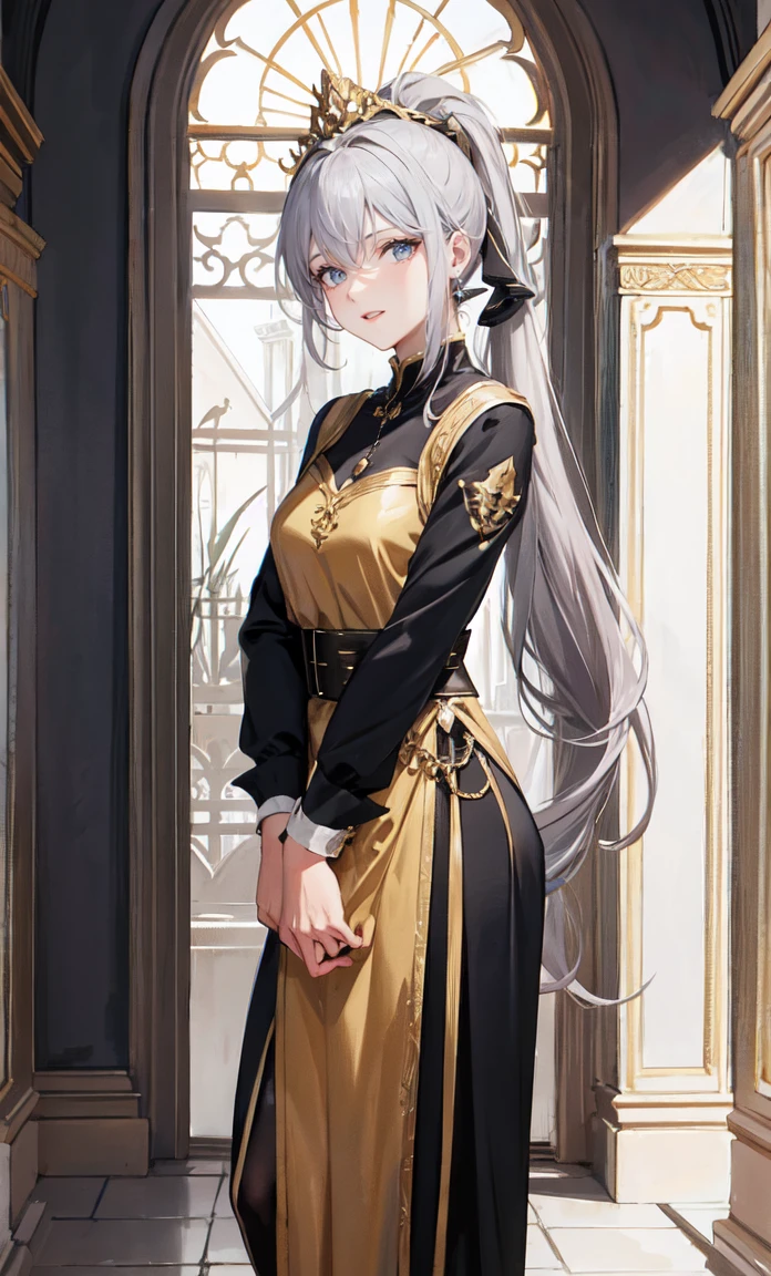 Noble Mansion,(gray hair：2.0),The ponytail is straight and tall.,Gold headband,standing close,dream world,mature woman,(The phoenix&#39;s blue eyes were slender.,lipstick,Long eyelashes),Long eyelashes,contact lens,Gemstone Gold Necklace,(Off-the-shoulder blue fur dress,top of fur pipe,Strapless fur,wide wrist,long skirt,belt：2.0),top of fur pipe(big breast)Ballroom Background,(Soft light and shadow：1.9),High-heeled shoes made of fur,elegant high heels,Detailedly drawn background