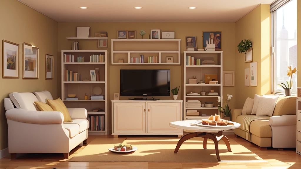 A small, neatly organized apartment with beige walls. The scene should include a single slice of toast on a plate, buttered to an exact specification. Nearby, a beige refrigerator hums softly. There should be stacks of perfectly filed invoices and a limp salad chopped into uniform squares, symbolizing the precise and mundane routine of Reginald’s life.