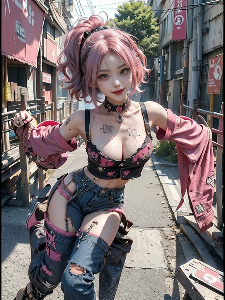 (Full Body View:1.1)、(Beautiful face:1.3)、(Smiling with teeth showing:1.3),(Shibuya Gal:1.5)、(Beverly Hills Whore:1.4)、(Neo-goth fashion:1.5)、(Punk RockVisual Kei:1.4)、(Modern magenta and red Barong:1.5)、(Tattered brown and charcoal denim bugle pants:1.5)、(Mustard Yellow Headband:1.3)、(Charcoal and khaki high heels:1.4)、collar、(We sell patterned underwear with logos.:1.4)、、NSFW,((Highest quality、In 8K、masterpiece:1.3))、Sharp focus:1.2、(Layered Cut、Huge boobs:1.1),Beautiful woman with perfect figure:1.4、(Open legs:1.3)、(Raise your arms:1.2)、(Open your crotch:1.3)、Slender Abs:1.2、Butt、Highly detailed face and skin texture、Detailed eyes、double eyelid,(Bob Hair:1.3)、(Pink Hair:1.3)、Dynamic Pose、Obscene pose、Humiliating pose、Gravure idol、(luxury fashion show stage:1.3)、(Make your legs thinner:1.4)、(Slim body:1.3)、(clavicle:1.1)