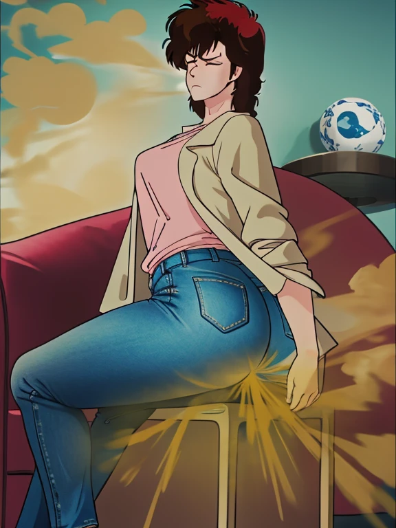 HD, high quality, high resolution, ultrahd,Kaori Makimura, 1female, solo, wearing default outfit, light pink shirt, white coat, wearing coat over tshirt, jeans, default hair, brown hair, very tall body, thin body, massive fart, yellow smoke, velocity, closed eyes, sitting on chair, leaning on chair, annoyed face, clenching teeth, raising hips, lifting hips, alone in a room, viewing ass, beautiful lighting, highlights