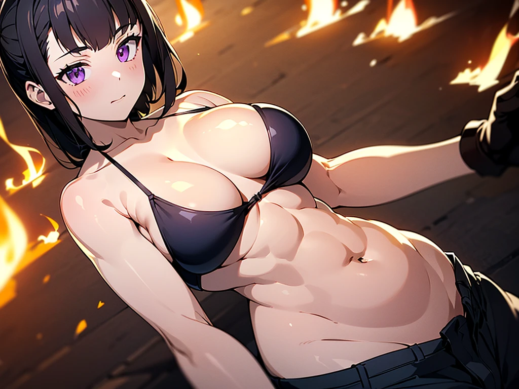 One girl, (alone:1.2), ((masterpiece)), (Shadow), [slim], (Big Breasts), Sturdy body, ((Sharp focus)), Pale skin, ((Fine grain)), (Blurred Background), Flame effect, (Small bikini bra), Oversized Orange Cargo Pants, belly button, gloves, (clavicle), Dramatic Pose, Purple eyes
