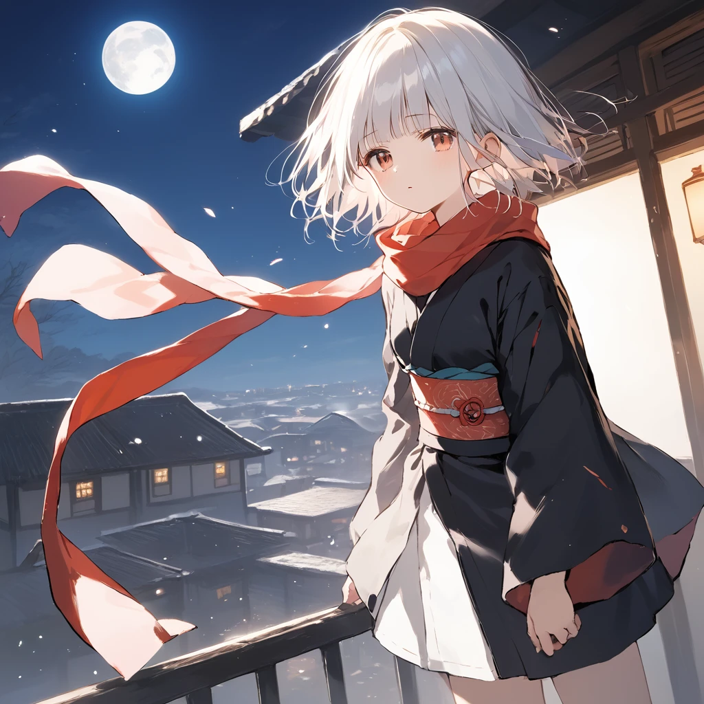 score_9, score_8_up, score_7_up, source_anime, best quality, masterpiece,official art, absurdres, highres, waifu2x, break,1girl, ninja girl, short hair, blunt bangs, small breasts, beautiful detailed eyes, sleepily, obi, scarf,  night, wind, rooftop, moon, outdoors, break,(clear line illustration:1.2),very high resolution, very aesthetic, super detailed skin, Best cinematic lighting powered by famous artist, 8k,cool picture,beauty illustration,photoshop_(medium),,(Detailed Lighting),best anime 8k konachan wallpaper, pixiv contest winner, 
