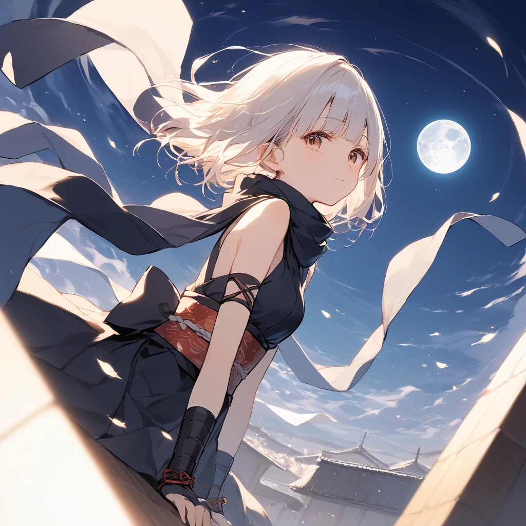 score_9, score_8_up, score_7_up, source_anime, best quality, masterpiece,official art, absurdres, highres, waifu2x, break,1girl, ninja girl, short hair, blunt bangs, small breasts, beautiful detailed eyes, sleepily, obi, scarf,  night, wind, rooftop, moon, outdoors, break,(clear line illustration:1.2),very high resolution, very aesthetic, super detailed skin, Best cinematic lighting powered by famous artist, 8k,cool picture,beauty illustration,photoshop_(medium),,(Detailed Lighting),best anime 8k konachan wallpaper, pixiv contest winner, 
