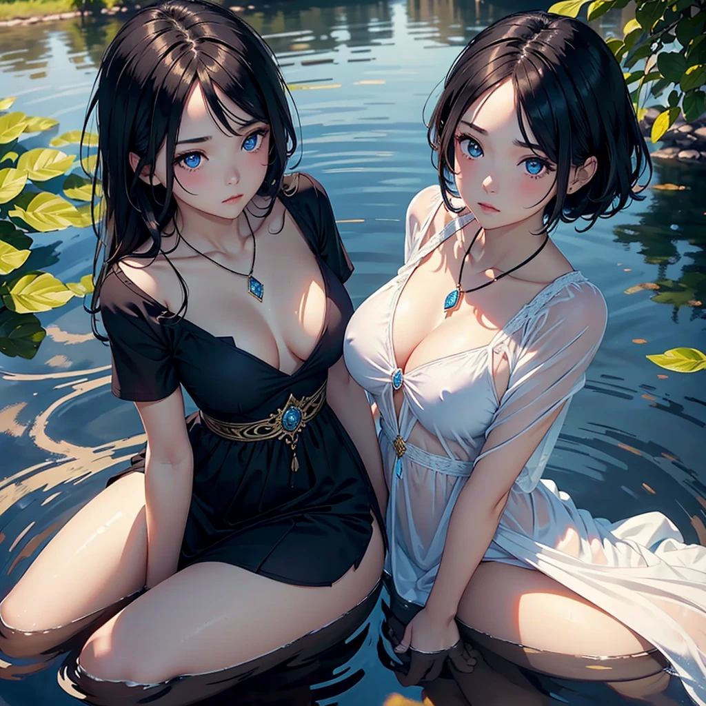 1 girl, serene expression, mesmerizing eyes, straight short black hair, blue eyes, flowing black dress, poised posture, porcelain skin, subtle blush, crystal pendant BREAK golden hour, (rim lighting):1.2, warm tones, sun flare, soft shadows, vibrant colors, painterly effect, dreamy atmosphere BREAK scenic lake, distant mountains, willow tree, calm water, reflection, sunlit clouds, peaceful ambiance, idyllic sunset, ultra detailed, official art, unity 8k wallpaper , zentangle, mandala, angry face
