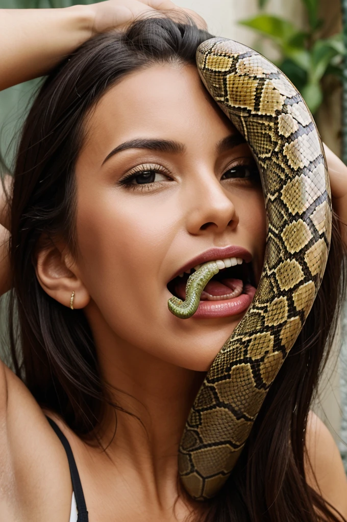 Make a snake swallowing a woman from the face 