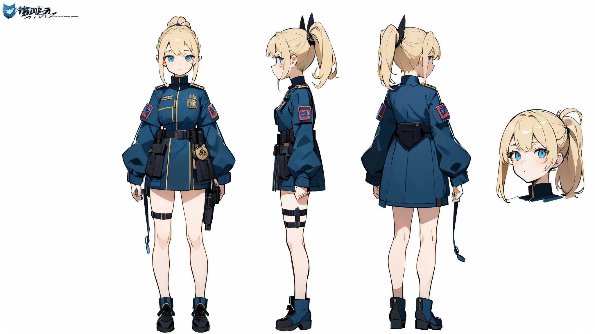 (masterpiece, best quality) police girl ,blonde hair ponytail,blue eye,((character design sheet, same character, full body, 3views, front, side, back))