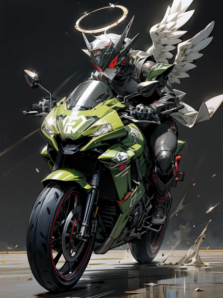 Kamen Rider,Angel, woman,heaven battle arena background,rider kick,halo,morter cycle riding,riders battle royal,